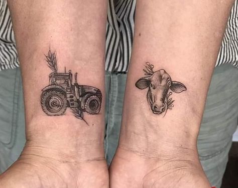 Farmland Tattoo, Tattoo Ideas For Men Farmer, Full Sleeve Tattoos Women Country, Fine Line Tractor Tattoo, Tattoos For Farmers, Farm Scene Tattoo, Country Life Tattoos, Cow Family Tattoo, Farmer Tattoo Ideas Small