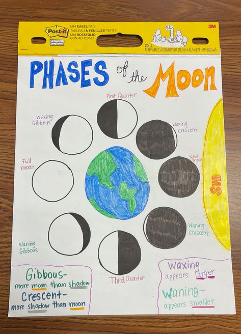 Moon Phases Middle School, Moon Phases Classroom Activity, Phases Of The Moon Anchor Chart, Moon Phases 1st Grade, Moon Phases Anchor Chart, Moon Anchor Chart, Solar System Anchor Chart, Phases Of The Moon Project, Moon Phase Project