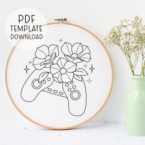 Floral Game Controller Embroidery Template Pattern, Gaming Embroidery Design Gamer Gift Needlepoint Art Gamer Embroidery Pattern Video Game Embroidery Patterns, Gamer Embroidery, Gaming Embroidery, Cat Lover Birthday, Pattern Template, Embroidery Template, Types Of Stitches, Embroidery Videos, Needle Point