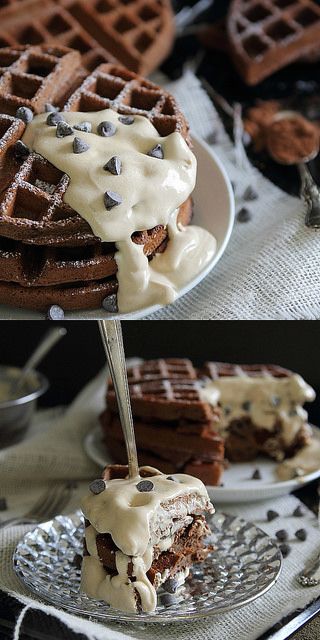 Chocolate Waffles with Peanut Butter Yogurt Sauce by Runningtothekitchen, via Flickr Peanut Butter Yogurt, Chocolate Peanutbutter, Fitness Board, Chocolate Waffles, Peanut Butter Sauce, Holy Matrimony, Bake Goods, Breakfast Sweets, Yogurt Sauce