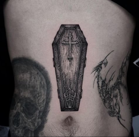 Needle Tattoo Injection, Goth Realism Tattoo, Gothic Coffin Tattoo, Small Coffin Tattoo Simple, Dark Trash Tattoo, Knee Tattoo Unique, Casket Tattoo Design, Gothic Tattoo Filler Ideas, Ornamental Skull Tattoo