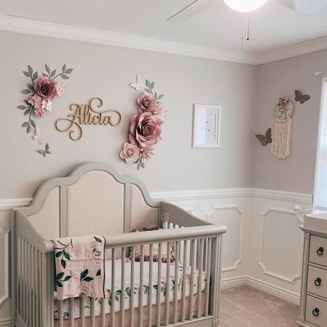 Paper Flowers Wall Decor, Paper Flowers Wall, Blush Nursery, Kindergarten Wallpaper, Flowers Wall Decor, Name Wall Decor, Paper Flower Wall Decor, Girl Nursery Room, Nursery Room Inspiration