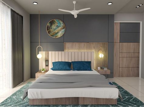 Contemporary style interior of a bedroom, with combination of wooden textured laminate grey coloured laminate. The recess behind headboard of bed gives niche for cove light. Niche Behind Bed, Laminate Combination For Bedroom, Interior Colour Combinations Master Bedrooms, Bedroom Laminate Colour Combination, Wardrobe Shutters, Cove Light, Bed Designs With Storage, Contemporary Style Interior, Colorful Headboard