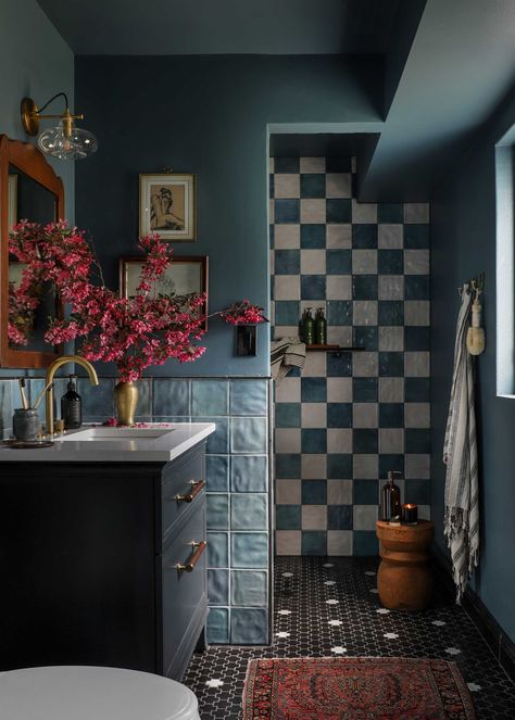 Is Mulberry Actually the 2023 Color of the Year? Teal And Green Bathroom, Modern British Colonial Style Bathroom, Bathrooms With Half Tile Walls, Prefab Shower Stall Makeover, Very Small Full Bathroom Ideas, Colourful Bathroom Design, Tudor Bathroom Remodel, Moody Mid Century Modern Bathroom, Funky Guest Bathroom