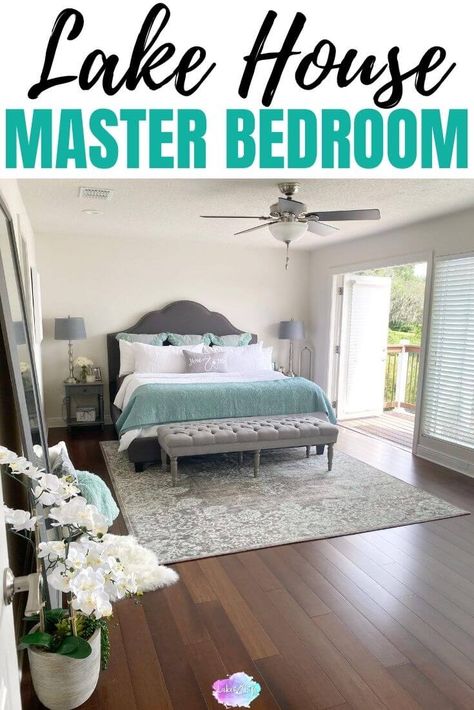 Lake House Master Bedroom Reveal | Teal and Gray Bedroom Ideas Lake Cabin Bedroom, Lake Bedroom Ideas, Gray Bedroom Decor, Lake House Bedroom Ideas, Teal And Gray Bedroom, Lake House Bedroom Decor, Master Suite Decor, Lake House Master, Gray Bedroom Ideas