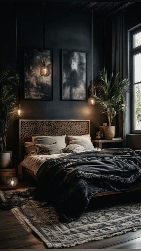 Wall Art For Over The Bed, Black Moody Bedroom Ideas, Classy Dark Bedroom Ideas, Dark Grey Moody Bedroom, Black With Wood Bedroom, Moody Woodsy Bedroom, Black Boho Interior, Bedroom Dark And Moody, Black Master Bedrooms Decor Modern