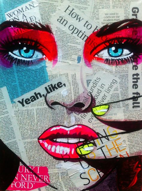 Click to Close Pop Art Face, Newspaper Art, Abstract Painting Techniques, Charcoal Drawings, Soyut Sanat Tabloları, Pop Art Painting, Art Pop, Art And Illustration, Mixed Media Canvas