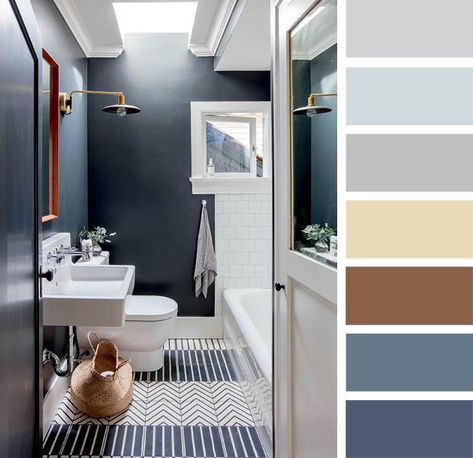 Soft grey, cream, brown, slate, navy color palette in a small bathroom. | Photographer: Janis Nicolay | Designer: Sophie Burke Color Palette Bathroom Colour Schemes, Color Palette For Bathroom, Bathroom Interior Blue, Bathroom Color Combinations, Interior Colour Palette, Palette House, Blue And Brown Bathroom, Bathroom Color Palette, Navy Color Palette