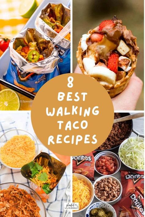 Camping Tacos In A Bag, Walk In Tacos, Walking Taco Bar Party Sides, Walking Taco Board Ideas, What Goes With Walking Tacos, Food In A Bag Ideas, Vegetarian Walking Tacos, Walking Taco Bar Party Set Up Ideas, Walking Taco Dessert