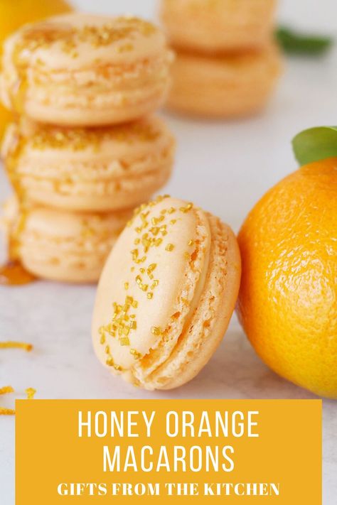 Make the most of citrus season with these sweet Honey Orange Macarons. French macarons make a perfect gift from the kitchen. Box them up and use them as homemade Christmas gifts #foodnouveau Orange Macarons Recipe, Orange Creamsicle Macaron, Summer Macaron Flavors, Macaron Flavors Ideas, Macaroon Flavors, Macaroon Ideas, Orange Macaroons, Macaron Recipe Flavors, Honey Macarons