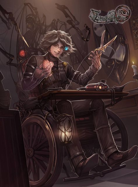 Dr. Pipt Geppetto ��– The Hand of Evolution., Lonwa A on ArtStation at https://www.artstation.com/artwork/n3QN6 Dnd Wheelchair Character, Inventor Rpg, Human Artificer Male, Inventor Art, Dnd Artificer Character Design, Artificer Character Design, Steampunk Rpg, Steampunk Character Design, Steampunk Character