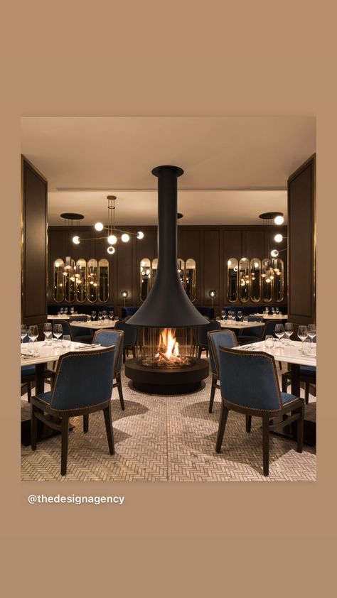 Fireplace In Restaurant, Dark Wood Walls, Intimacy Photos, Restaurant Fireplace, Dark Restaurant, Premium Interior Design, Brass Mirrors, Lisbon Restaurant, Masculine Decor