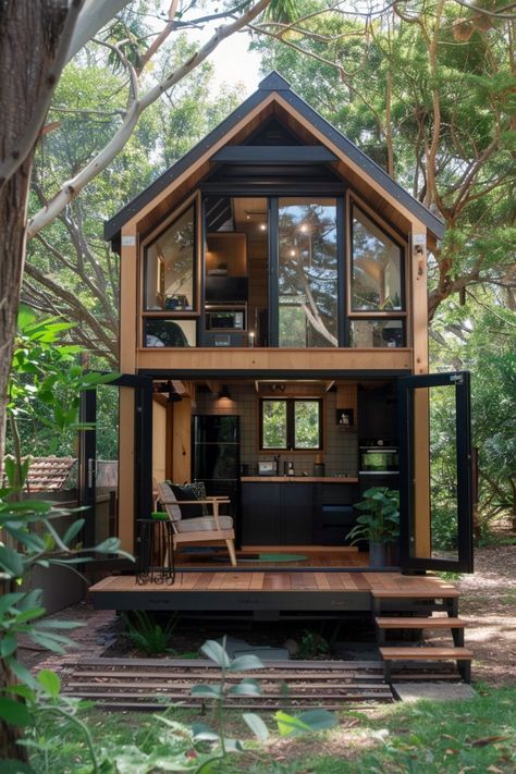 Small Open House Design, Backyard Mini House, Modern Tree House Architecture, Tiny Wood House, A Frame Tiny House, Big Tiny House, Tiny House Exterior Ideas, Japanese Style Tiny House, Tiny Home Ideas