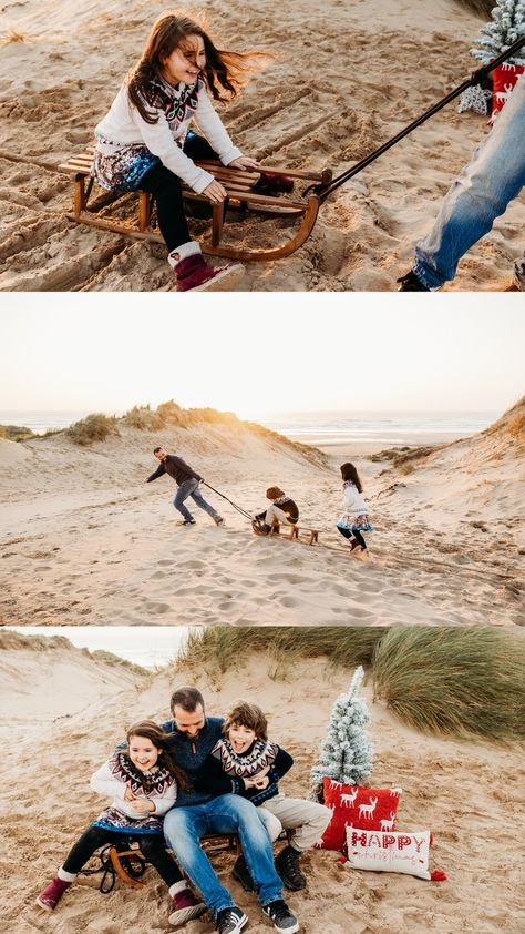 A Christmas mini session at the beach with a sleigh in Pembrokeshire. It's amazing how much fun all the children had in the sand with this one. Christmas Photos On Beach, Christmas Card Beach Photo Ideas, Beach Christmas Family Photos, Beach Christmas Pictures Family, Christmas On The Beach Photography, Beach Christmas Photoshoot, Christmas Beach Pictures, Christmas Beach Family Photos, Beach Christmas Card Photo