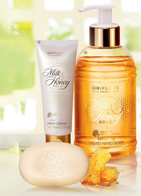 Milk & Honey Gold oriflame. Web: http://mypham102.com Milk Honey, Liquid Hand Soap, Milk And Honey, Cream And Gold, Hand Cream, Care Routine, Skin Care Routine, Hand Soap Bottle, Lotion