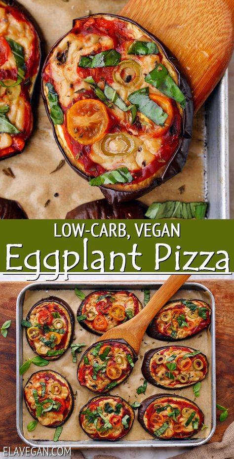 This easy low-carb eggplant pizza recipe requires just a handful of pantry-friendly ingredients, including versatile toppings, and is ready in 30 minutes. The mini pizza is gluten-free, grain-free, keto, low-calorie, vegetarian (vegan), and perfect for parties and mid-week meals! Eggplant Pizza Recipe, Eggplant Pizza, Week Meals, Carb Free Recipes, Eggplant Pizzas, Low Calorie Vegan, Vegan Eggplant, Low Carb Vegetarian Recipes, Boiled Egg Diet Plan