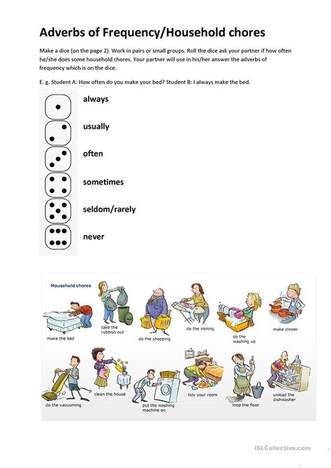 Adverbs of Frequency/Household Chores - English ESL Worksheets for distance learning and physical classrooms Chores Worksheet, Adverb Activities, Adverbs Worksheet, Speaking Cards, Chore Board, English For Beginners, Discussion Starters, Esl Lesson Plans, Simple Questions