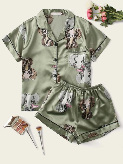 Elephant Print Pocket Front Satin PJ Set | SHEIN USA Night Wear Pajamas, Two Piece Pajama Set, Satin Pj Set, Pyjama Satin, Cute Pjs, Fits For Summer, Cute Sleepwear, Cute Pajama Sets, Short Pj Set