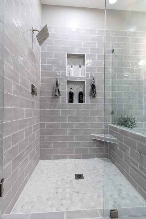 Lowes Bathroom Tile Shower Walls, Tiled Bathroom Showers Walk In, Marble Shower Tile Ideas, Grey Shower Tile Ideas, Grey Tile Bathroom, Townhome Remodel, Master Remodel, Gray Shower Tile, Basement Finish