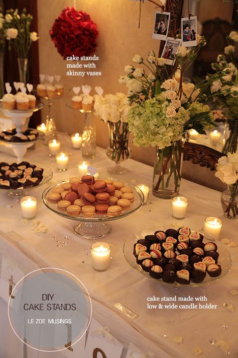 DIY cake stands for wedding dessert table: I LOVE the candles and flowers, plus would also be great for an appetizer table!! Cake Stands For Wedding, Diy Cake Stands, Graduation Reception, Tiered Dessert Stand, Dessert Stands, Chocolate Store, 2 Tier Cake Stand, Rustic Dessert, Diy Dessert