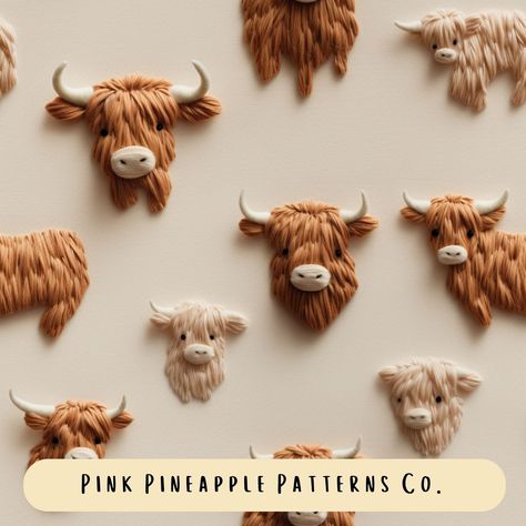 Highland Cow Seamless Pattern, Faux Knit,Seamless File, Embroidery Seamless, Digital Paper, Cow Seamless Pattern, Farm Animal Seamless Highland Cow Embroidery Pattern, Highland Cow Crafts, Highland Cow Embroidery, Cow Embroidery Design, Paper Cow, Haft Vintage, Cow Embroidery, Mountain Embroidery, Farm Embroidery