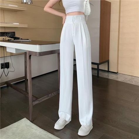 High Waist Wide Leg Trousers, White Pants Women, Office Suit, Suit Casual, Pants Korean, White Drapes, Office Pants, High Waist Wide Leg Pants, Loose Trousers