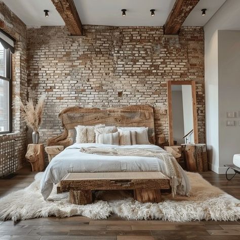 A warm and rustic bedroom design with exposed brick walls and wooden furniture creating a cozy atmosphere. Brick Bedroom Wall Ideas, Wooden Beams Ceiling Bedroom, Rustic Modern Master Bed, Interior Rock Wall, Brick Wall Interior Bedroom, Exposed Brick Walls Bedroom, Exposed Beams Bedroom, Brick Accent Wall Bedroom, Urban Chic Bedrooms