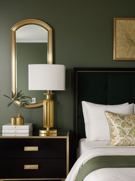 Bedroom Green And Black, Gold Accents Bedroom, Enchanting Bedroom, Sage Bedroom, Design Article, Gold Rooms, Sage Green Bedroom, Apartment Decorating On A Budget, Black Bedroom Furniture