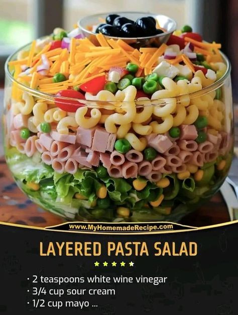 Easy Diabetic Recipes | Layered Pasta Salad | Facebook Ham Pasta Salad, Hawaiian Fried Rice, Layered Pasta, Savory Ham, Watergate Salad, Pasta Salad Ingredients, Trifle Dish, Mediterranean Kitchen, Macaroni Pasta