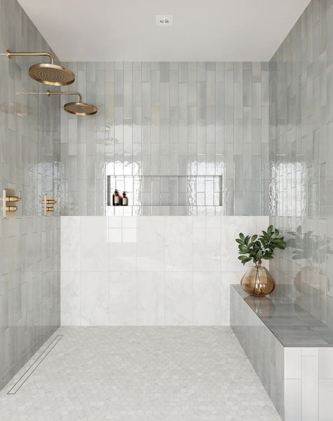 Olivia 4x16 Glossy Ceramic Tile in Fog Vertical Tile Shower Ideas Wall, Anne Sacks Tile Bathroom, Bold Bathroom Remodel, Alison Victoria Bathroom, Glazed Tile Bathroom Showers, Main Bathroom Tile Ideas, Primary Bathroom Tile Ideas, Large Tile Bathroom Wall, Linear Shower Drain Ideas