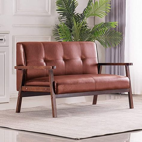 Amazon.com: Mid-Century Retro Modern Loveseat Faux Leather Upholstered Wooden 2-Seater Sofa (Brown): Kitchen & Dining Living Room Sofa Modern, Velvet Futon, Mid Century Loveseat, Living Room Brown, Chairs For Living Room, Sofa 3 Seater, Room Brown, Sofa Brown, Sofa Modern