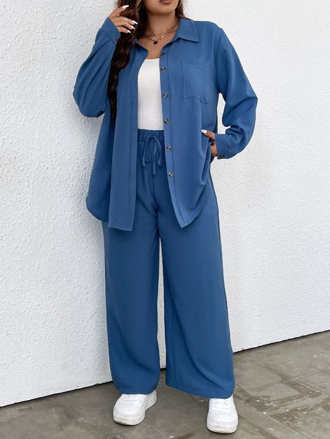 Dusty Blue Casual Collar Long Sleeve  Plain  Embellished Non-Stretch  Women Plus Clothing Baby Blue Shirt, Long Shirt Women, Drop Shoulder Shirt, Blouse Casual Fashion, Muslim Outfits Casual, Hijab Style Casual, Fashion Top Outfits, Everyday Fashion Outfits, Modest Clothing