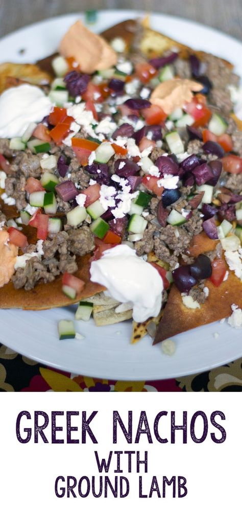 Greek Nachos with Ground Lamb -- Ever crave nachos for dinner? These Greek Nachos with Ground Lamb are piled high with veggies and hummus, making them a totally acceptable dinner. Promise. | wearenotmartha.com #nachos #greek #lamb #pitachips Lamb Nachos, Greek Nachos, Ground Lamb Recipes, Lamb Gyros, Fall Favorites Recipes, Gourmet Dinner, Lamb Dishes, Ground Lamb, Healthy Crockpot Recipes