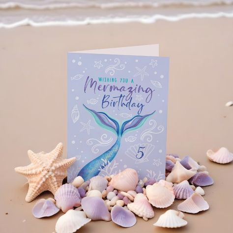 Wishing You a Mermazing Birthday Under The Sea Card Mermaid Birthday Wishes, Mermaid Birthday Card, Aquatic Design, Underwater Birthday, Birthday Under The Sea, Whimsical Typography, Iridescent Mermaid, Coral Fish, Sea Mermaid