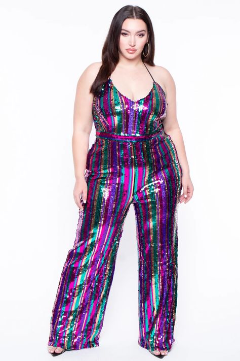 Plus Size Prism Halter Sequins Jumpsuit - Purple– Curvy Sense Disco Glam Outfits Plus Size, Sequin Jumpsuit Plus Size, Disco Jungle, Party Outfit Plus Size, Rave Outfits Plus Size, Sequins Jumpsuit, Jumpsuit Plus Size, Rave Outfits Festivals, Swift Outfits