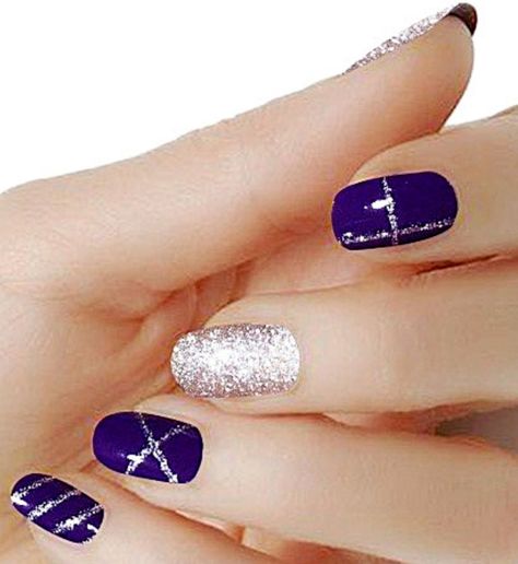 Nail Strips Plum and silver glitter color wraps real polish M151 street art Navy And Silver Nails, Purple And Silver Nails, 2022 Nails, Wedding Nails Glitter, Fingernail Designs, French Manicure Nails, Purple Nail Designs, Perfect Manicure, Beauty Nails Design