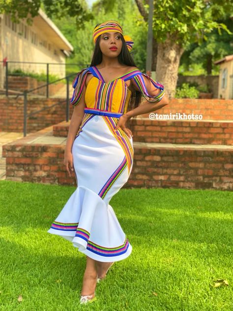 Tomi R Venda Wedding Dress South African Traditional Dresses Design, Venda Traditional Dresses, Lobola Outfits, Venda Traditional Attire, Pedi Traditional Attire, South African Traditional Dresses, African Traditional Wear, African Wedding Attire, African Outfits