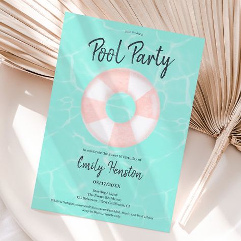 Tropical pool party pink floater Sweet 16 for $2.80 - Birthday Invitations Sweet 16 Summer, Tropical Pool Party, Tropical Birthday Invitations, Summer Birthday Invitations, Sweet Sixteen Birthday Invitations, Pool Party Birthday Invitations, 80th Birthday Invitations, Summer Party Themes, Summer Party Invitations