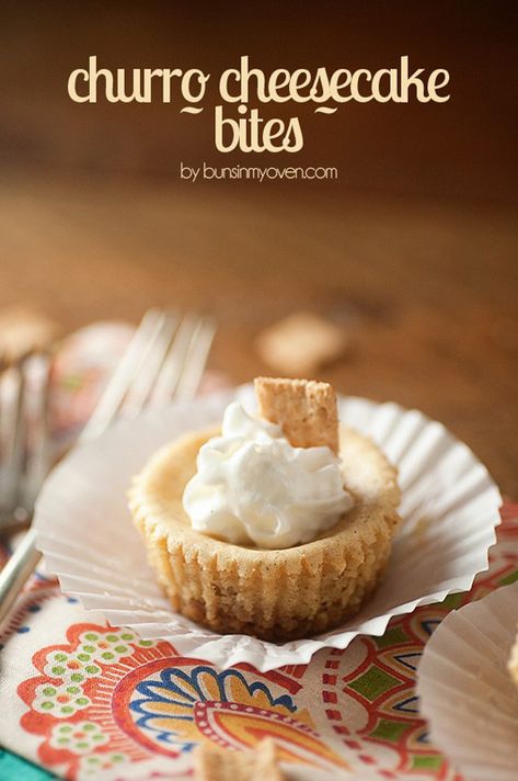 Churro Cheesecake Bites | 25+ Churro Recipes Churro Cheesecake Bites, Bites Desserts, Churro Recipe, Sopapilla Cheesecake Bars, Spicy Hot Chocolate, Mini Cheesecake Bites, Hot Chocolate Sauce, Buns In My Oven, Churro Cheesecake