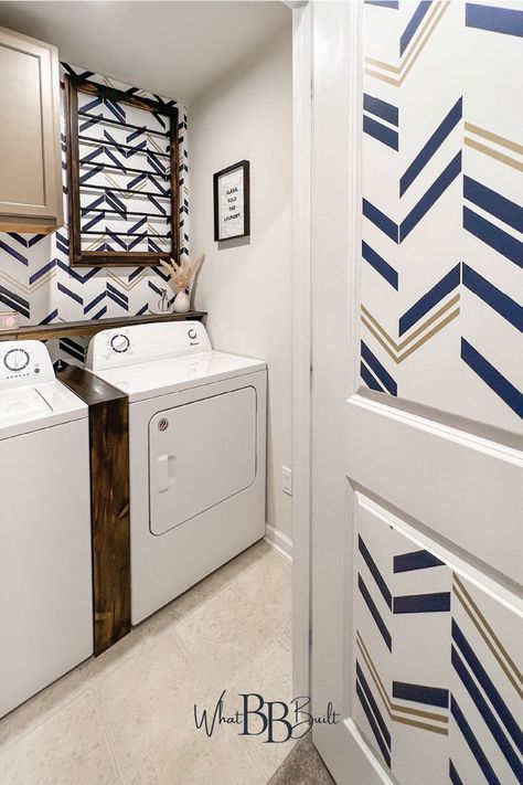 Space Between Washer And Dryer, Between Washer And Dryer, Diy Drying Rack, Laundry Room Redo, Wallpaper Laundry Room, Wallpaper Laundry, Renter Friendly Wallpaper, Some Wallpaper, Diy Shelving