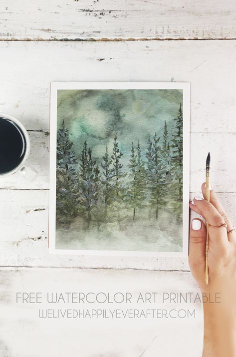 Free Watercolor Mountain Pine Tree Forest Scenery Printable Watercolor Printable Free, Free Printable Artwork, Pine Tree Art, Pine Tree Forest, Tree Watercolor Painting, Pine Trees Forest, Forest Scenery, Free Printable Art, Watercolor Mountains