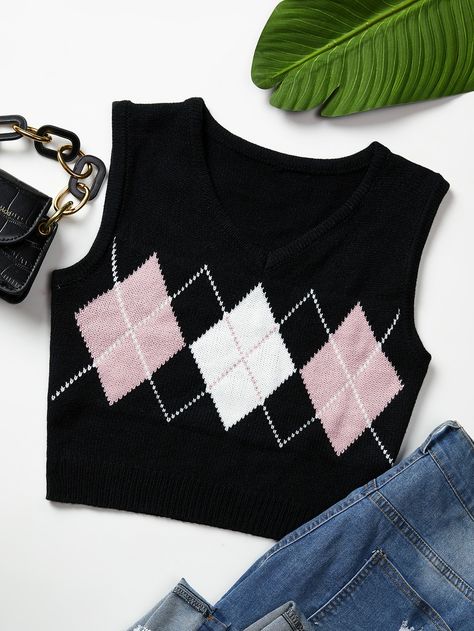 Black Casual   Acrylic Geometric   Slight Stretch Spring/Fall Women Knitwear Half Sweater Outfits, Sweater Vest Outfit Women, Pattern Sweater Vest, Half Sweater, Argyle Vest, Sweater Vest Outfit, Clothes Embroidery Diy, Argyle Sweater Vest, Crochet Sweater Pattern Free