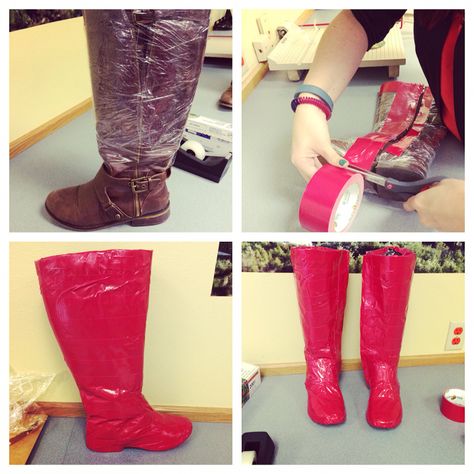 Costume Boot Covers under $5.   1: Grab a pair of boots 2: Cover in clear plastic wrap 3: Cover in Duct Tape of your choice of color. 4: Rock them with your costume. Diy Costume Boot Covers, Diy Boot Covers Costume, Costume Boot Covers Diy, Duct Tape Boots, Duct Tape Clothes, Eighties Costume, Halloween Costume Boots, Wrestling Boots, Costume Concepts