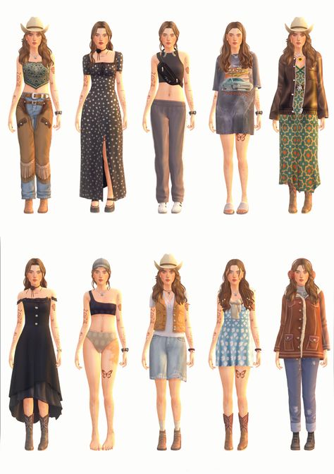 ranch girl lookbook Sims 4 Farm Outfits, Sims 4 Country Cc Clothes, Country Sims 4 Cc, Sims Outfit Ideas, Sims 4 Cc Country Clothes, Sims 4 Ranch House, Sims 4 Boho Cc Clothes, Sims 4 Ranch Cc, Sims 4 Farm Cc