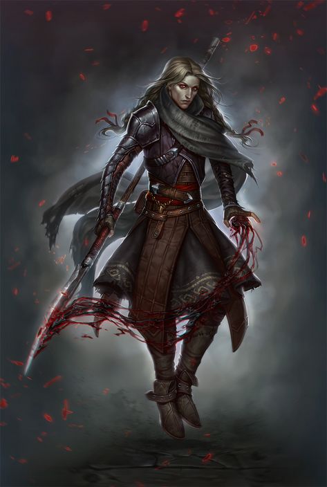 Woman In Armor, Eldritch Knight, Blood Magic, Blood Mage, Blood Hunter, Roleplay Characters, Dungeons And Dragons Characters, Fantasy Warrior, Fantasy Rpg