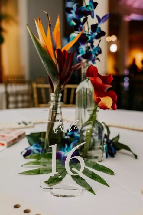 Colombian Wedding, Blue Orchid Wedding, Bird Of Paradise Wedding, Tropical Wedding Centerpieces, Lightner Museum, Silk Flower Centerpieces, Tropical Centerpieces, Tropical Wedding Theme, Virginia Beach Wedding