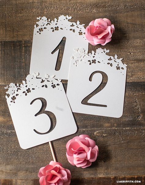 We are in full DIY Wedding Crafting at the office. There is so much fun to be had when handcrafting your wedding day and crafting your own personalized wedding has never been more simple to achieve. Table Numbers Wedding Diy, Diy Table Numbers, Diy Wedding Table, Boda Diy, Cricut Wedding, Wedding Numbers, Wedding Silhouette, Craft Wedding, Wedding Crafts