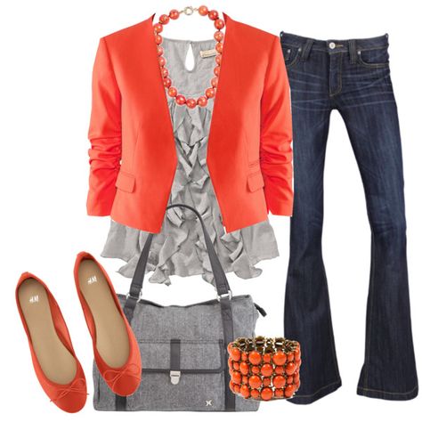 casual outfit- jeans, gray ruffle top, orange cardigan, flats, and jewelry, and gray bag. Casual Pieces, Friday Fashion, Body Decor, Orange Blazer, Spring Styles, Jeans Outfit Casual, Work Clothing, Moda Chic, Young Professional