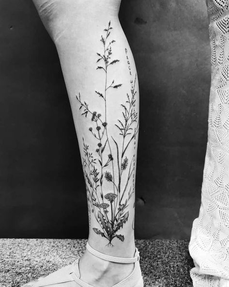 Top 51 Best Wildflower Tattoo Ideas - [2021 Inspiration Guide] Wildflowers Leg Tattoo, Garden Leg Tattoo, Foraging Tattoo, Garden Theme Tattoo, Mushroom Garden Tattoo, Floral Calf Tattoo, Wildflower Leg Tattoo, Botanical Leg Tattoo, Mushroom And Flowers Tattoo