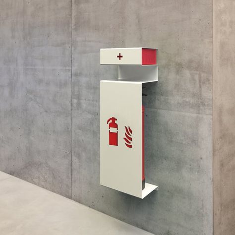 Fire Fire extinguisher holder incl. storage of Konstantin Slawinski Fire Extinguisher Cabinets, Fire Extinguisher Holder, Metal Sheet Design, Office Signage, Sign System, Environmental Graphic Design, Fire Extinguishers, Wayfinding Signage, Street Furniture